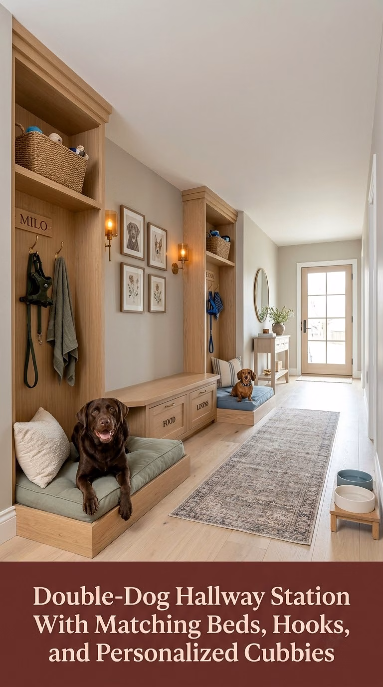 9. Double-Dog Hallway Station With Matching Beds, Hooks, and Personalized Cubbies