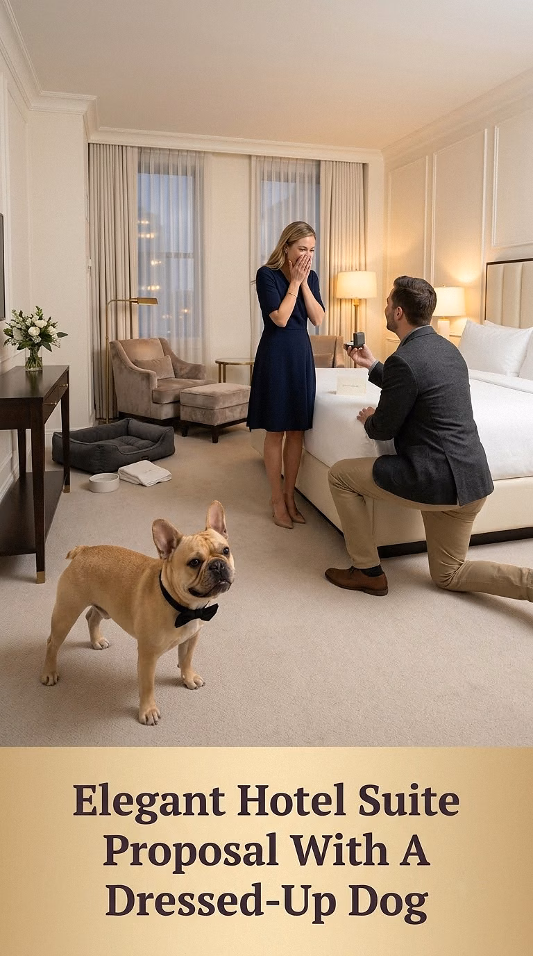 Elegant Hotel Suite Proposal With A Dressed-Up Dog