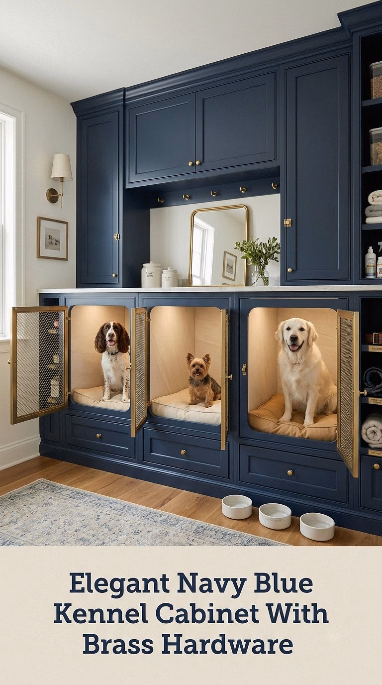 Elegant Navy Blue Kennel Cabinet With Brass Hardware