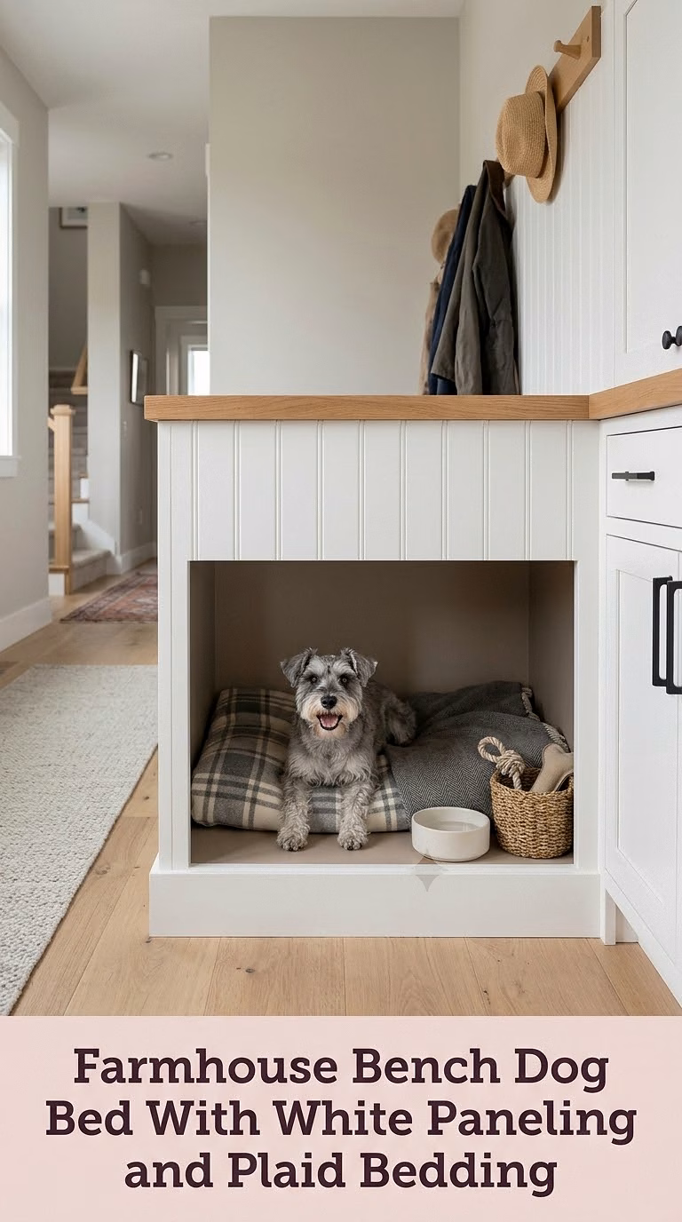 Farmhouse Bench Dog Bed With White Paneling and Plaid Bedding