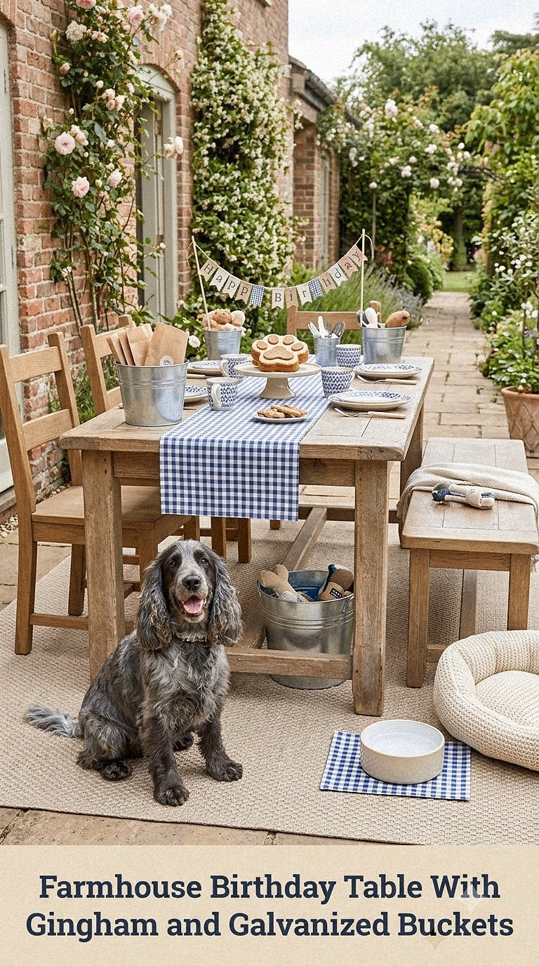 Farmhouse Birthday Table With Gingham and Galvanized Buckets