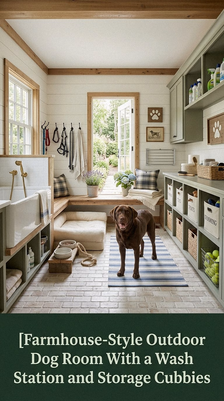9. Farmhouse-Style Outdoor Dog Room With a Wash Station and Storage Cubbies