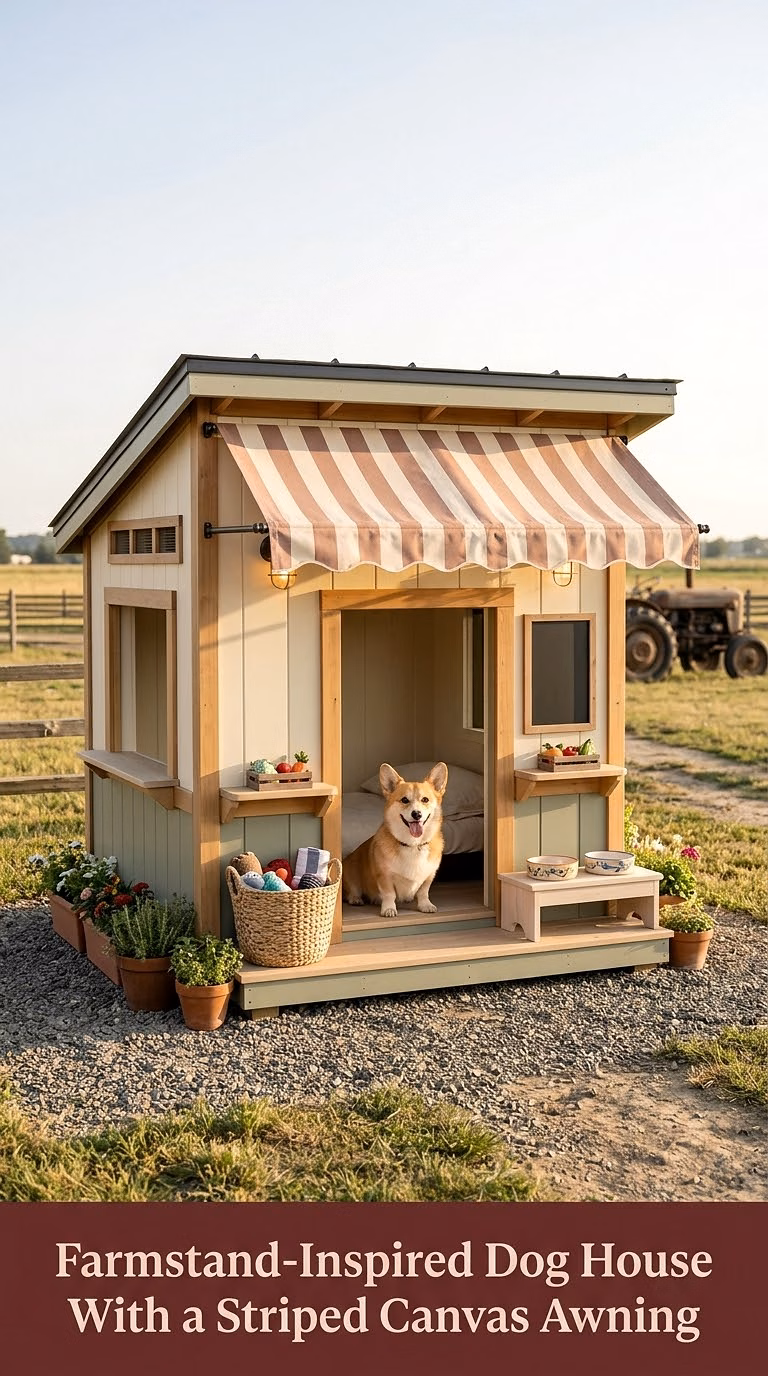 9. Farmstand-Inspired Dog House With a Striped Canvas Awning