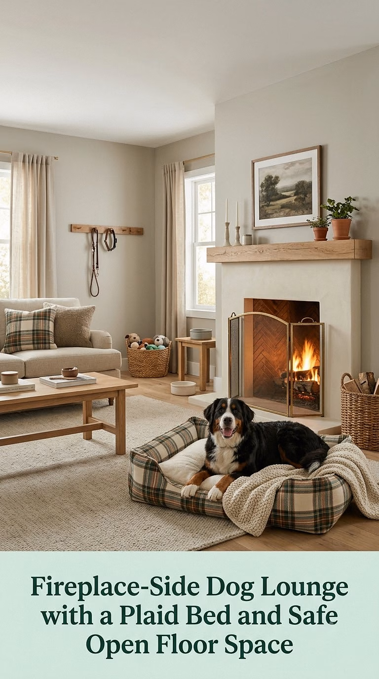 9. Fireplace-Side Dog Lounge with a Plaid Bed and Safe Open Floor Space