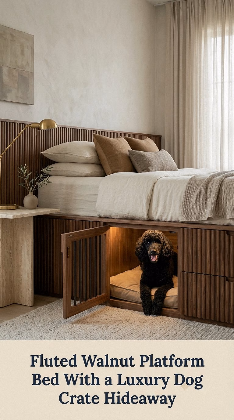 Fluted Walnut Platform Bed With a Luxury Dog Crate Hideaway