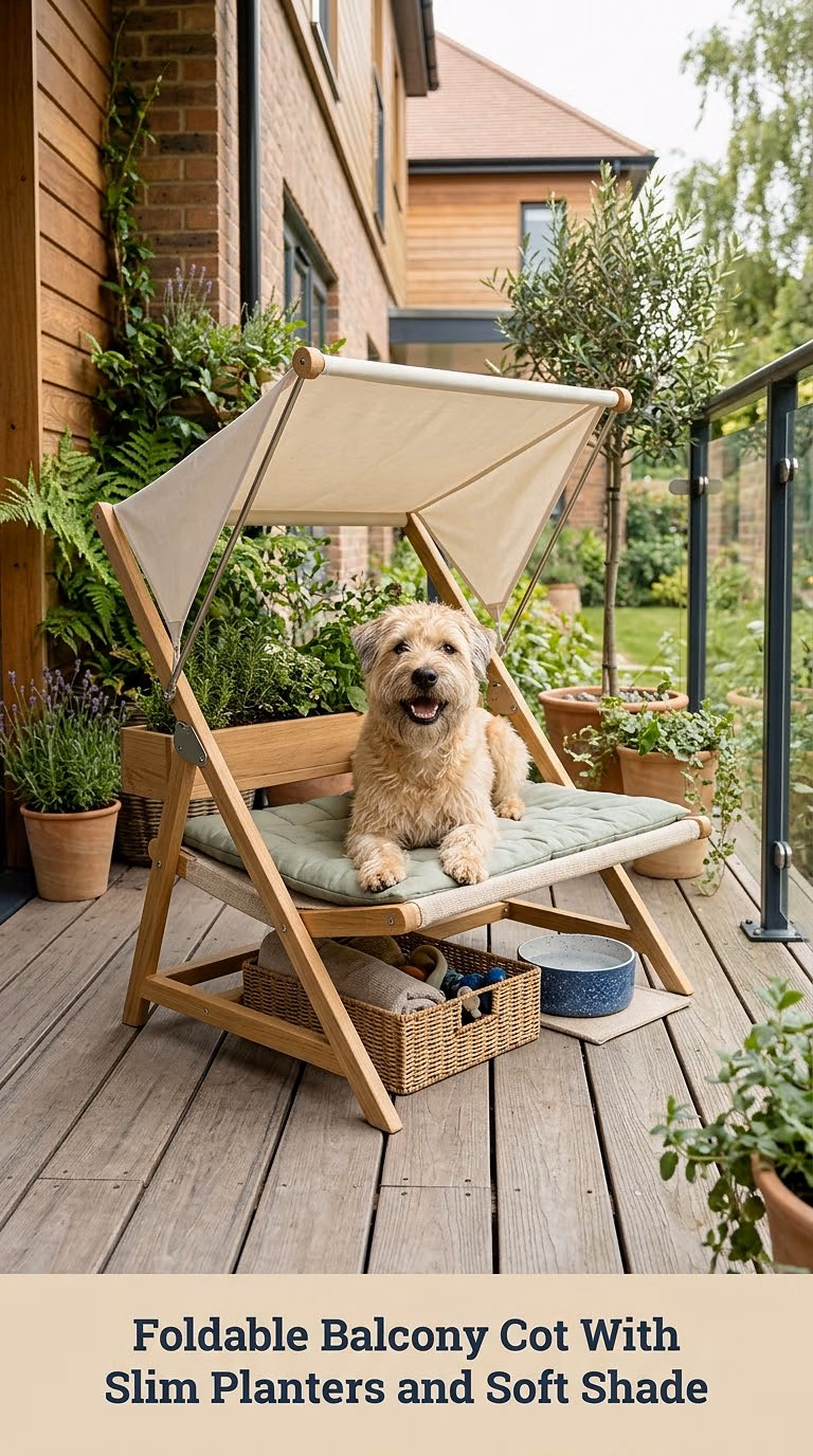 Foldable Balcony Cot With Slim Planters and Soft Shade