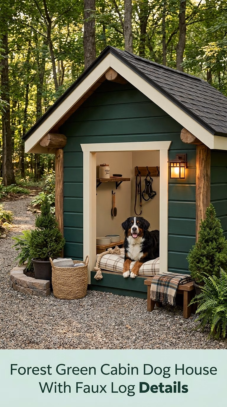9. Forest Green Cabin Dog House With Faux Log Details