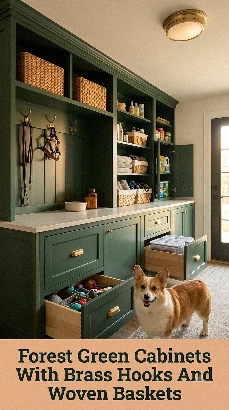 Forest Green Cabinets With Brass Hooks And Woven Baskets