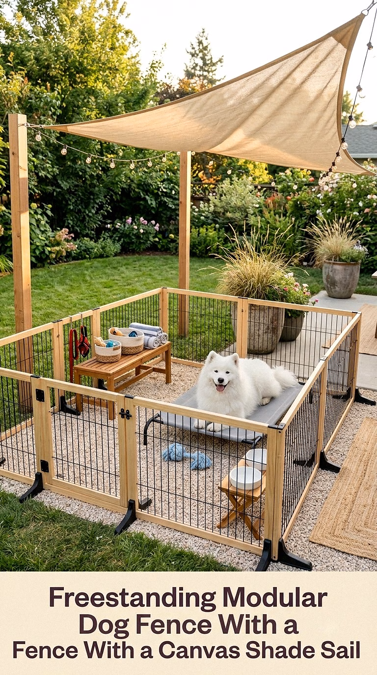9. Freestanding Modular Dog Fence With a Canvas Shade Sail
