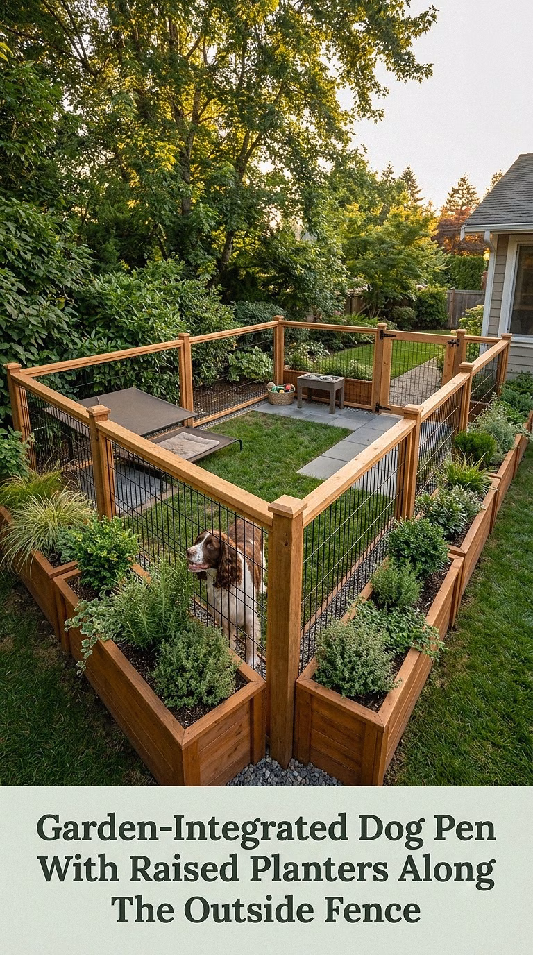 Garden-Integrated Dog Pen With Raised Planters Along The Outside Fence