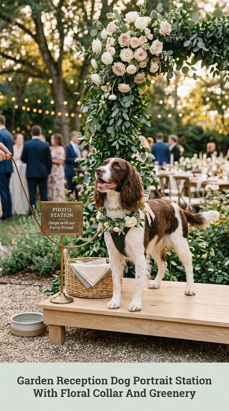 Garden Reception Dog Portrait Station With Floral Collar And Greenery