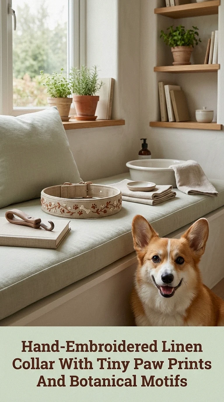 Hand-Embroidered Linen Collar With Tiny Paw Prints And Botanical Motifs
