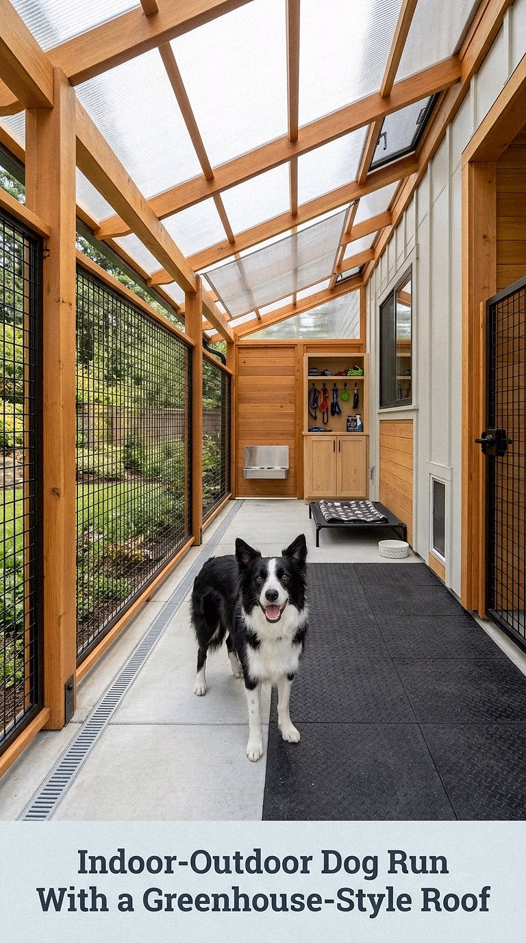 Indoor-Outdoor Dog Run With a Greenhouse-Style Roof
