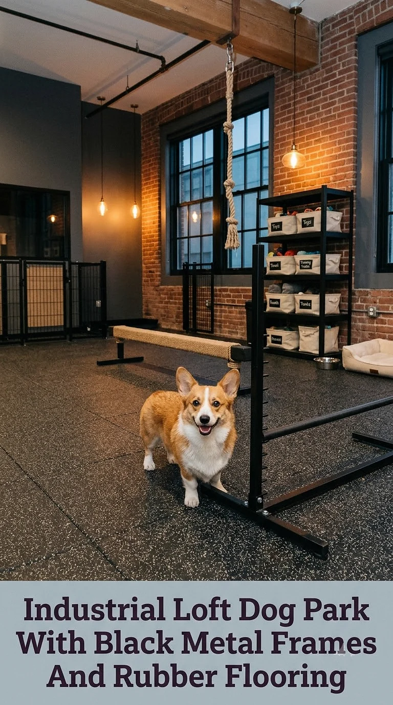 Industrial Loft Dog Park With Black Metal Frames And Rubber Flooring