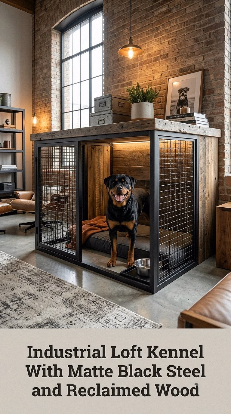 Industrial Loft Kennel With Matte Black Steel and Reclaimed Wood