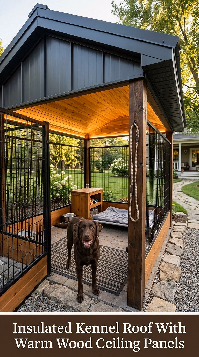 Insulated Kennel Roof With Warm Wood Ceiling Panels