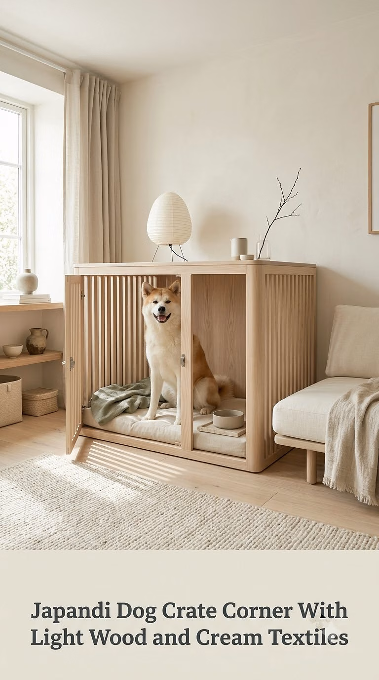 Japandi Dog Crate Corner With Light Wood and Cream Textiles
