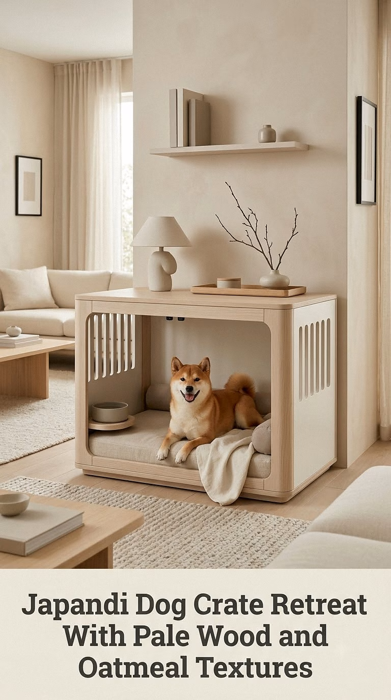 Japandi Dog Crate Retreat With Pale Wood and Oatmeal Textures