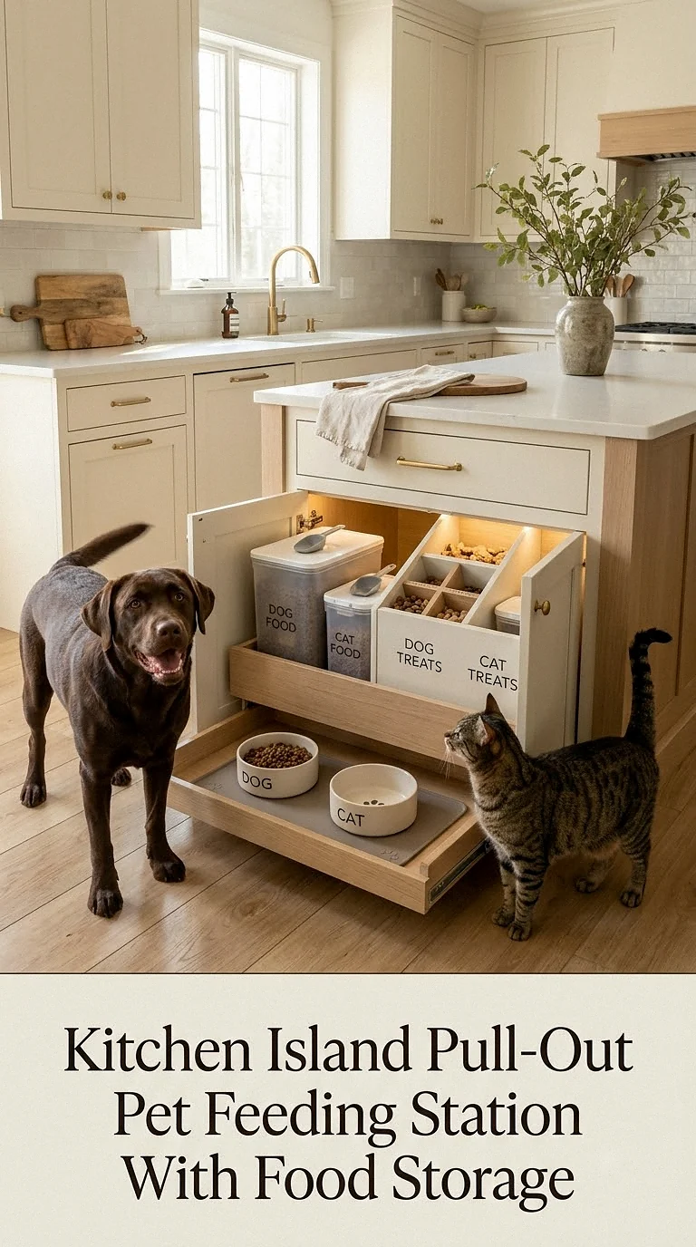 Kitchen Island Pull-Out Pet Feeding Station With Food Storage