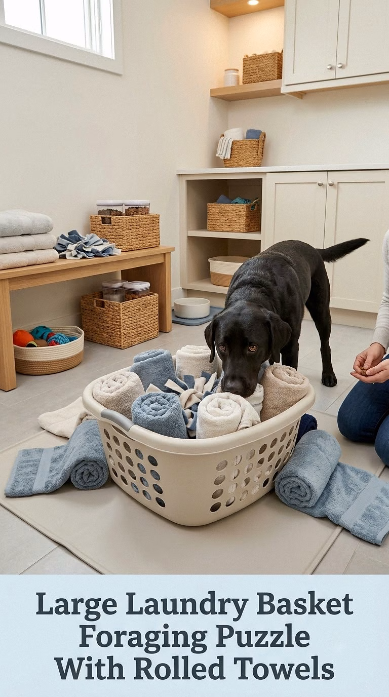 Large Laundry Basket Foraging Puzzle With Rolled Towels