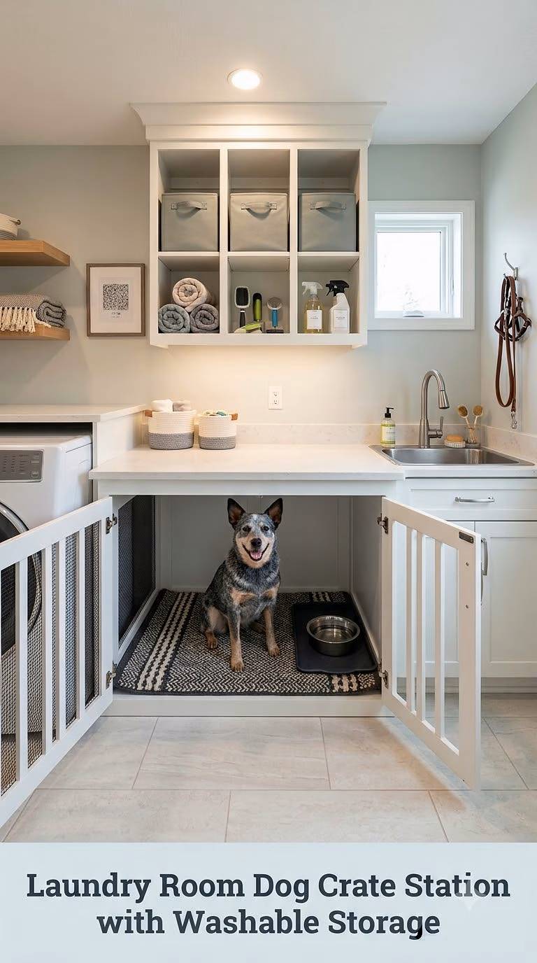 Laundry Room Dog Crate Station With Washable Storage