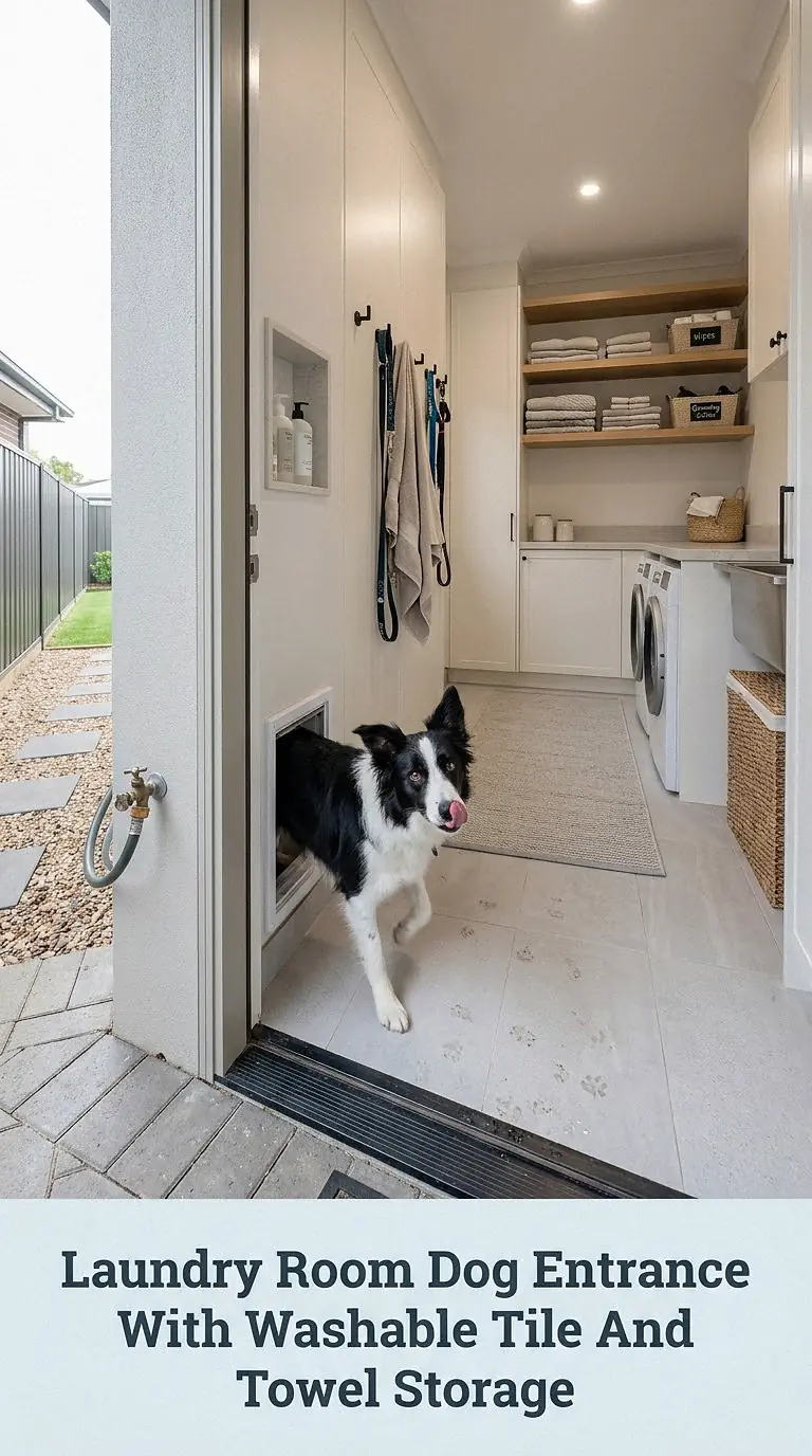 Laundry Room Dog Entrance With Washable Tile And Towel Storage