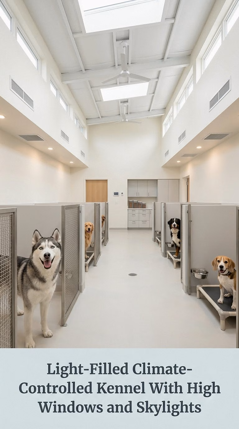 Light-Filled Climate-Controlled Kennel With High Windows and Skylights