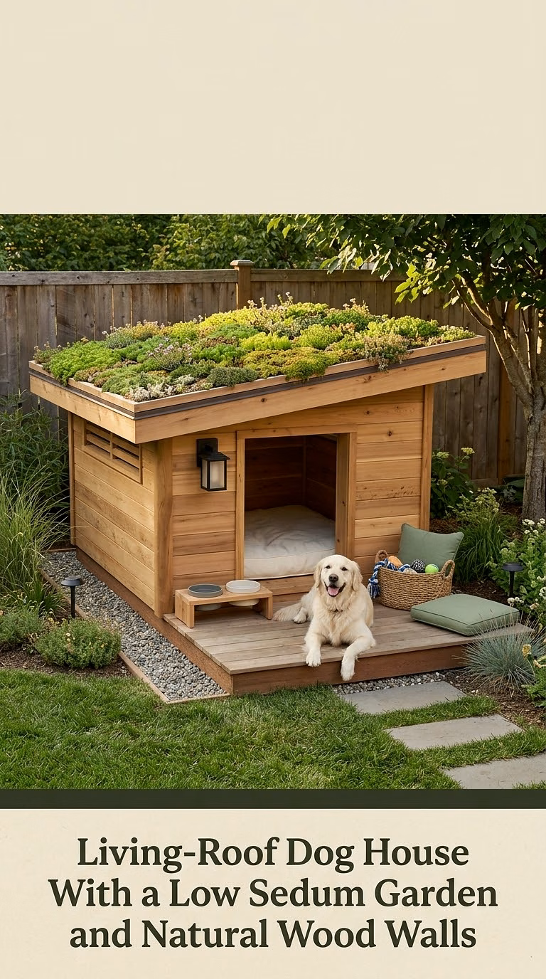 Living-Roof Dog House With a Low Sedum Garden and Natural Wood Walls