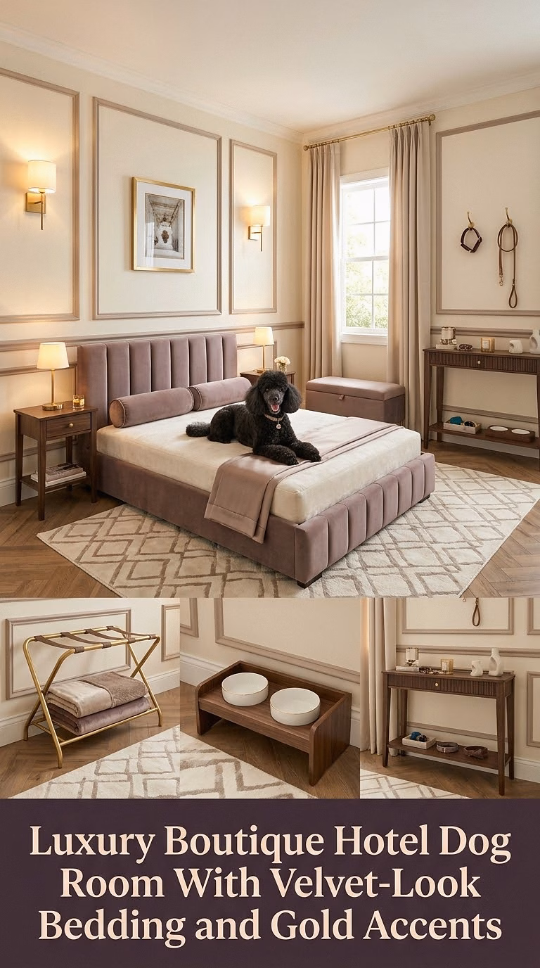 9. Luxury Boutique Hotel Dog Room With Velvet-Look Bedding and Gold Accents