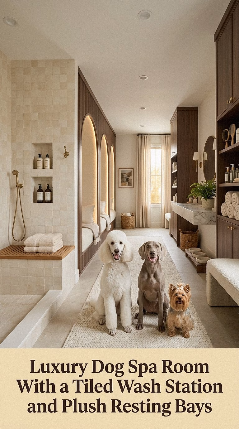 9. Luxury Dog Spa Room With a Tiled Wash Station and Plush Resting Bays