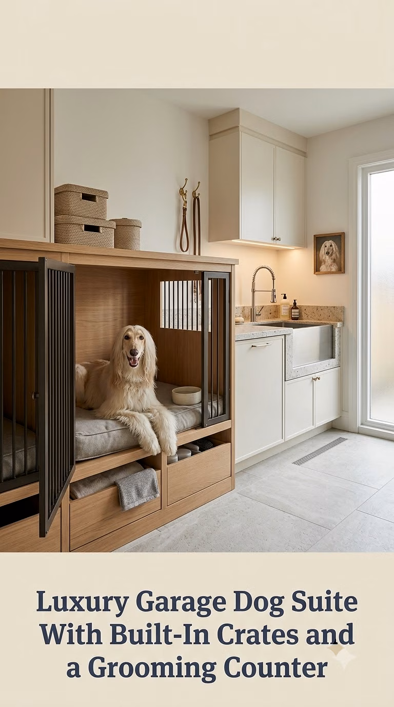Luxury Garage Dog Suite With Built-In Crates and a Grooming Counter