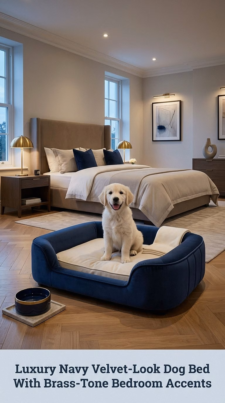 Luxury Navy Velvet-Look Dog Bed With Brass-Tone Bedroom Accents