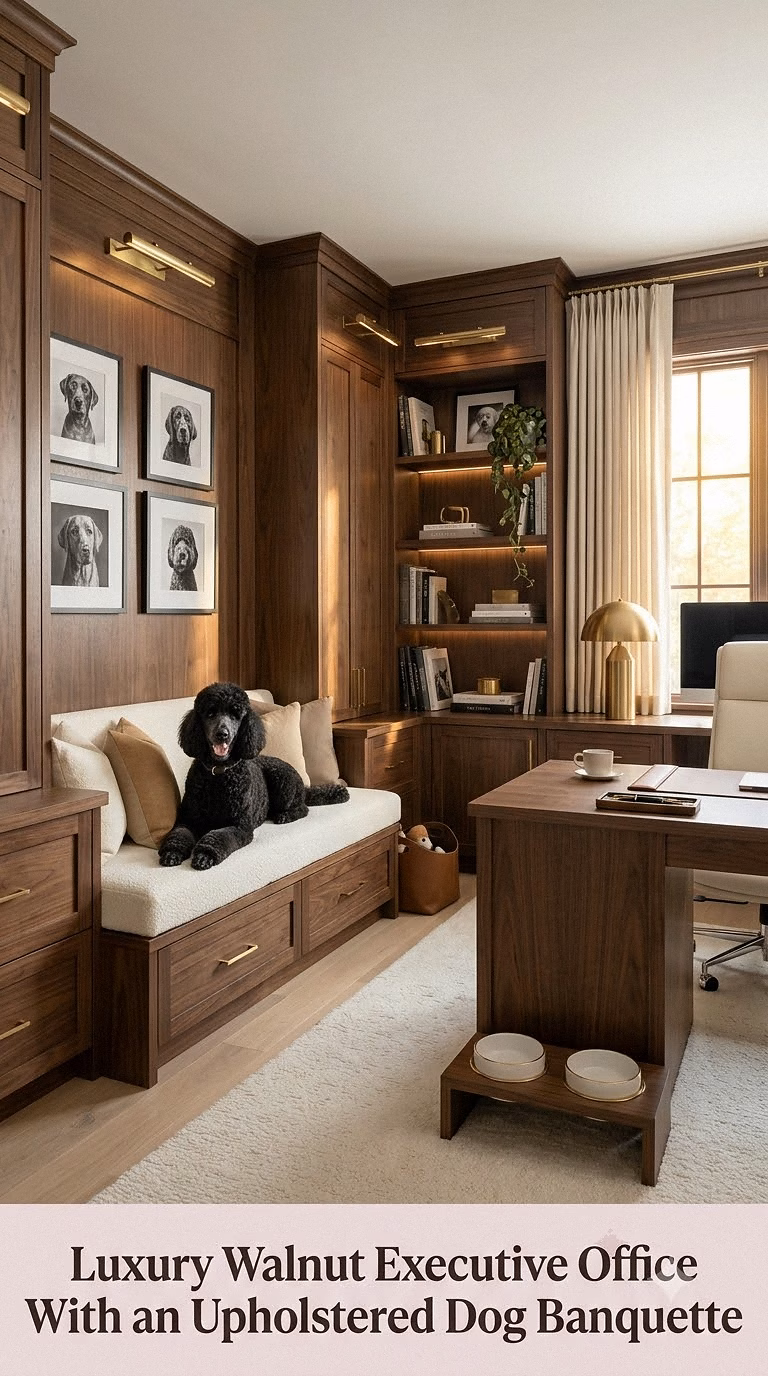 Luxury Walnut Executive Office With an Upholstered Dog Banquette