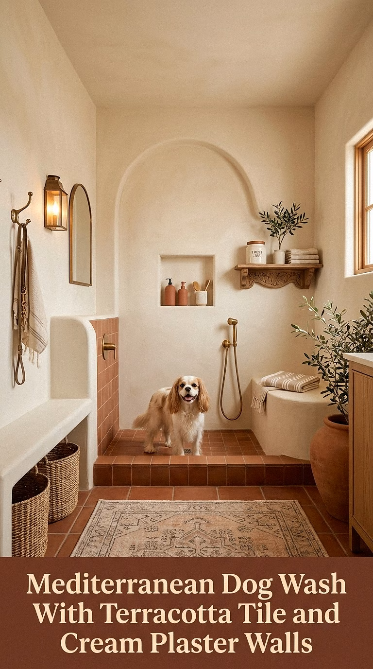 9. Mediterranean Dog Wash With Terracotta Tile and Cream Plaster Walls
