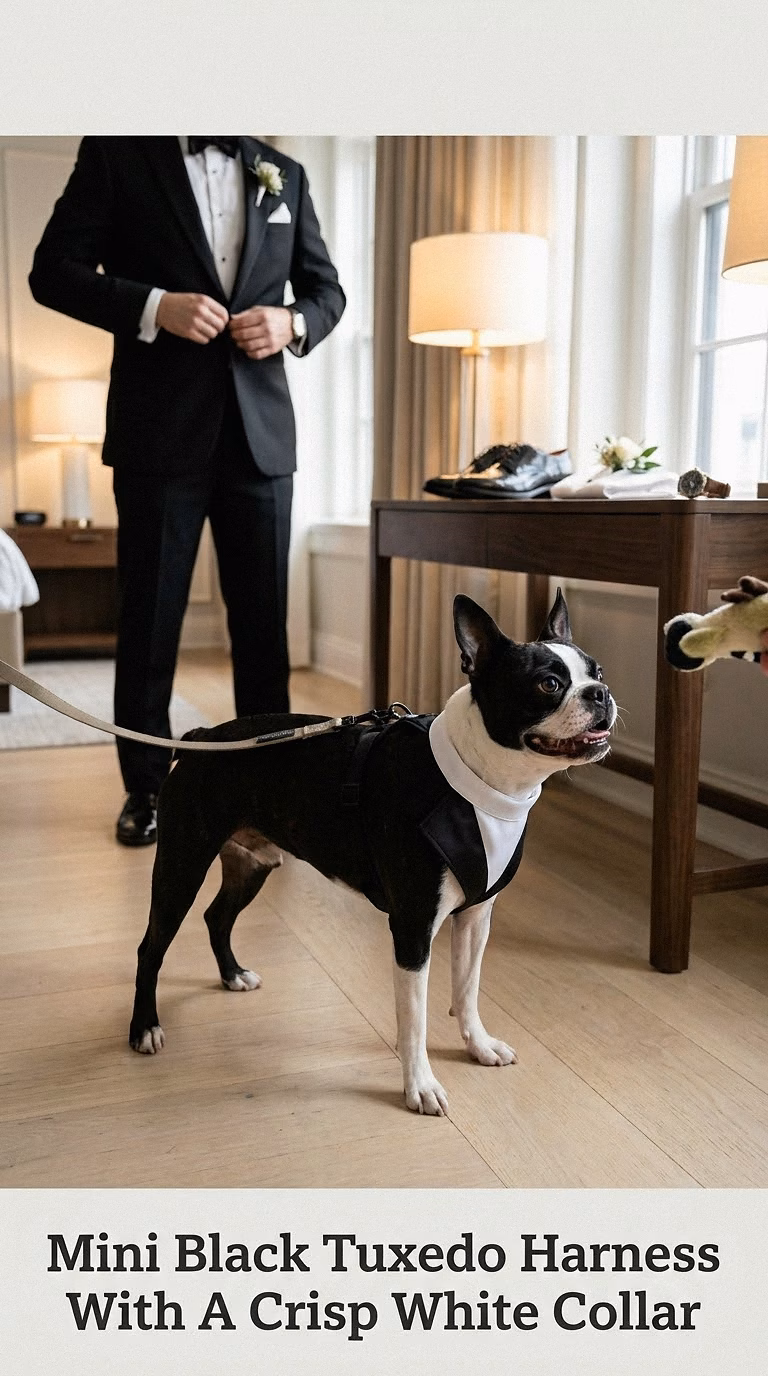 Mini Black Tuxedo Harness With A Crisp White Collar