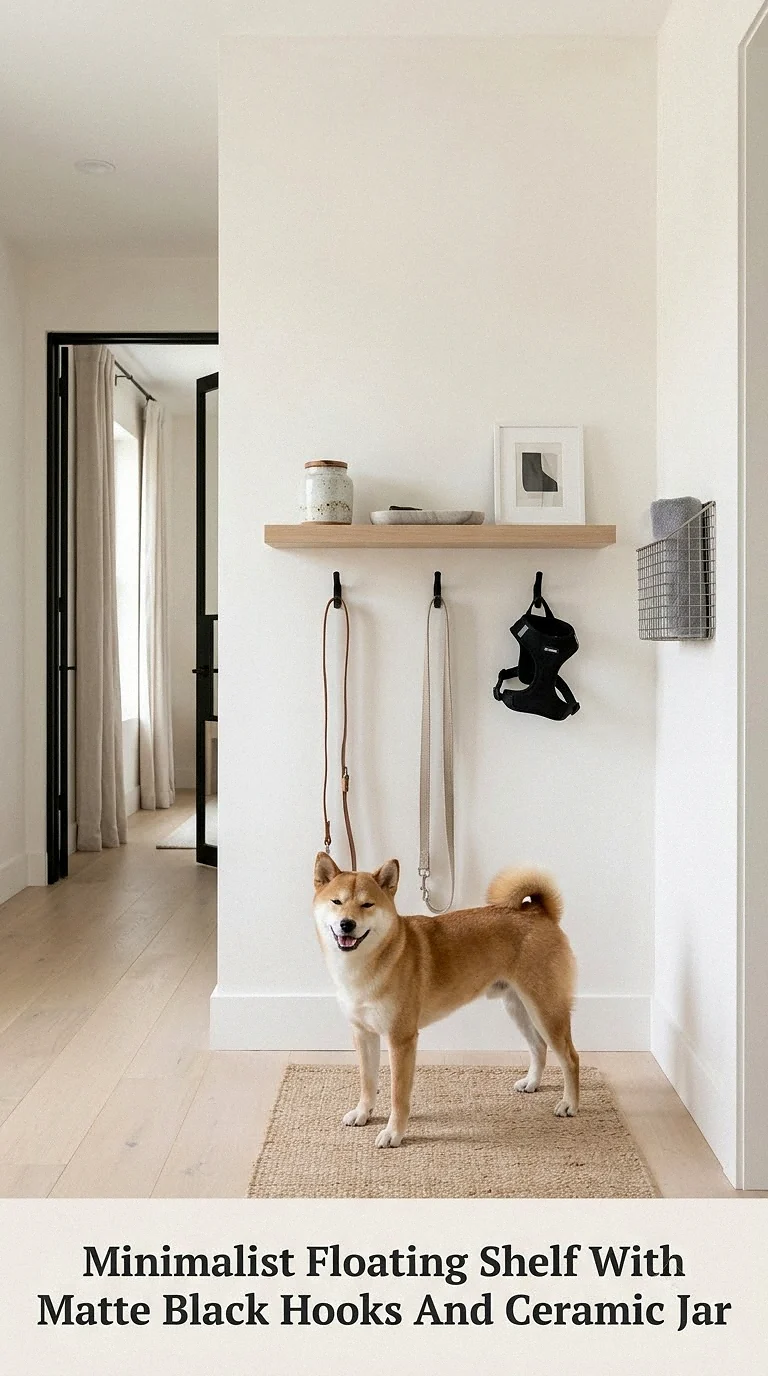 Minimalist Floating Shelf With Matte Black Hooks And Ceramic Jar