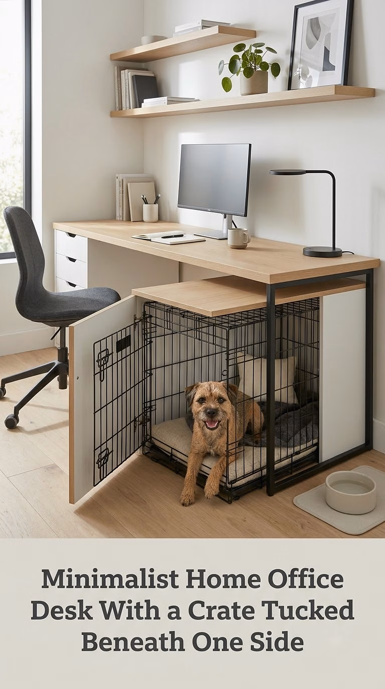 Minimalist Home Office Desk With a Crate Tucked Beneath One Side