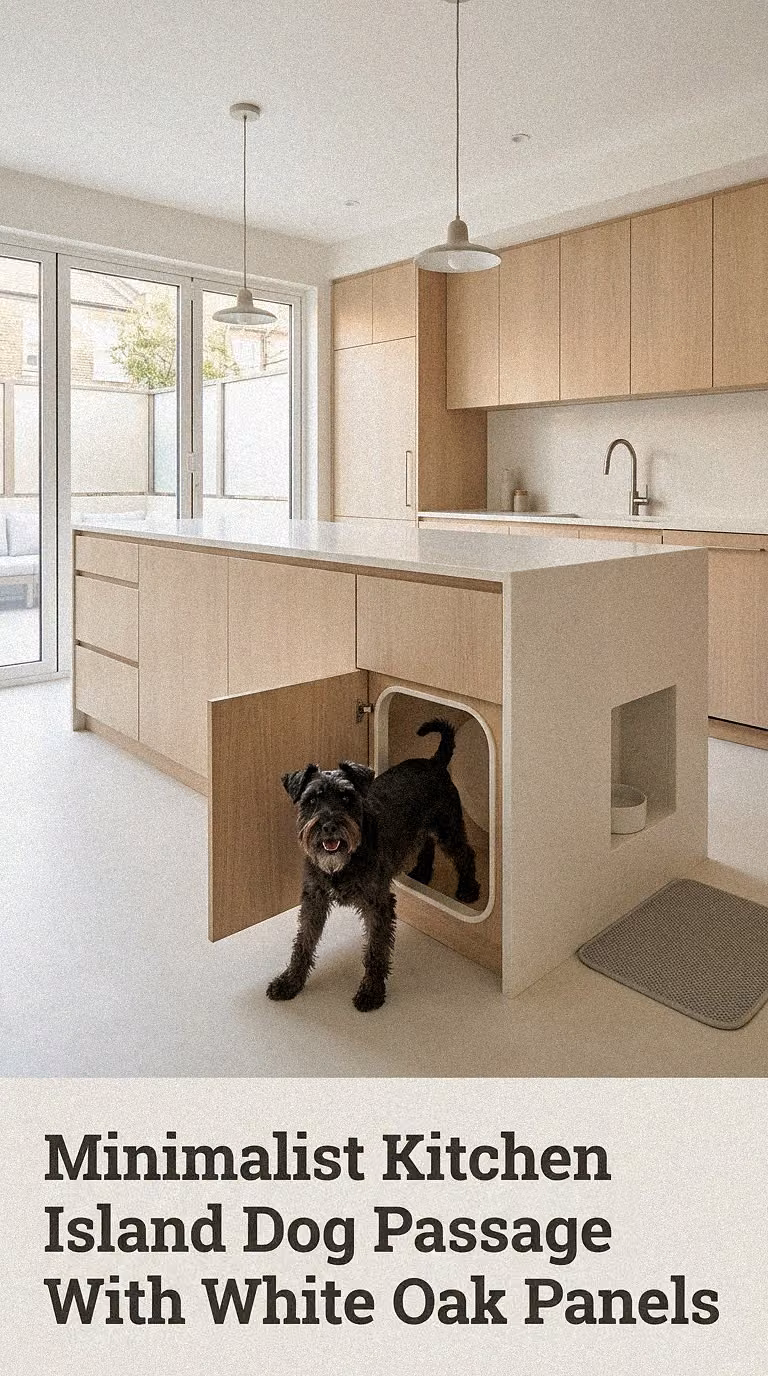 Minimalist Kitchen Island Dog Passage With White Oak Panels