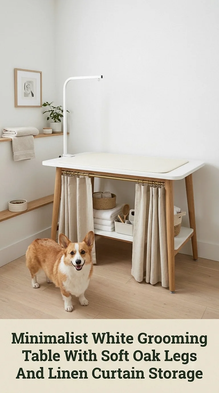 Minimalist White Grooming Table With Soft Oak Legs And Linen Curtain Storage