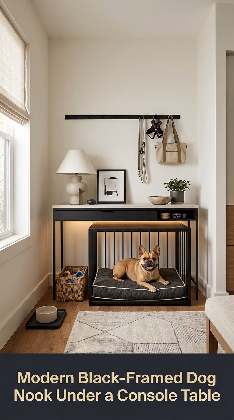 9. Modern Black-Framed Dog Nook Under a Console Table