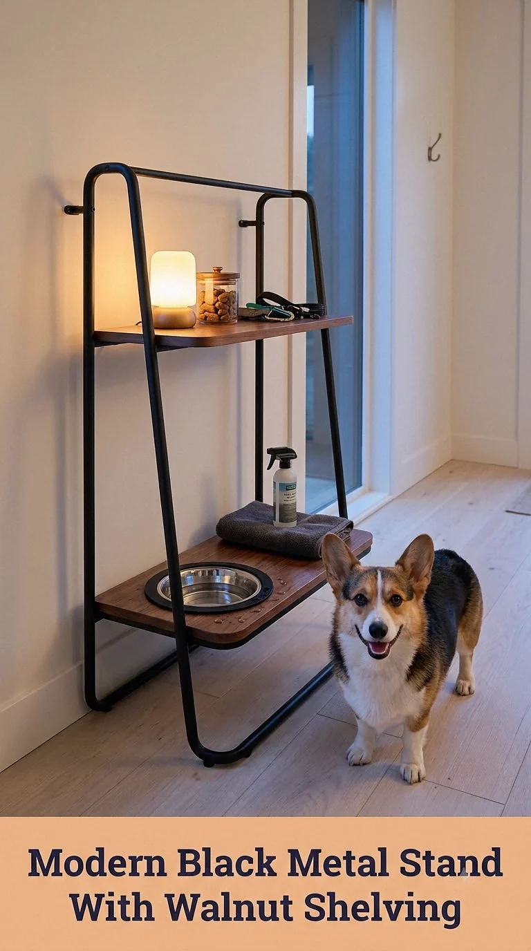 Modern Black Metal Stand With Walnut Shelving