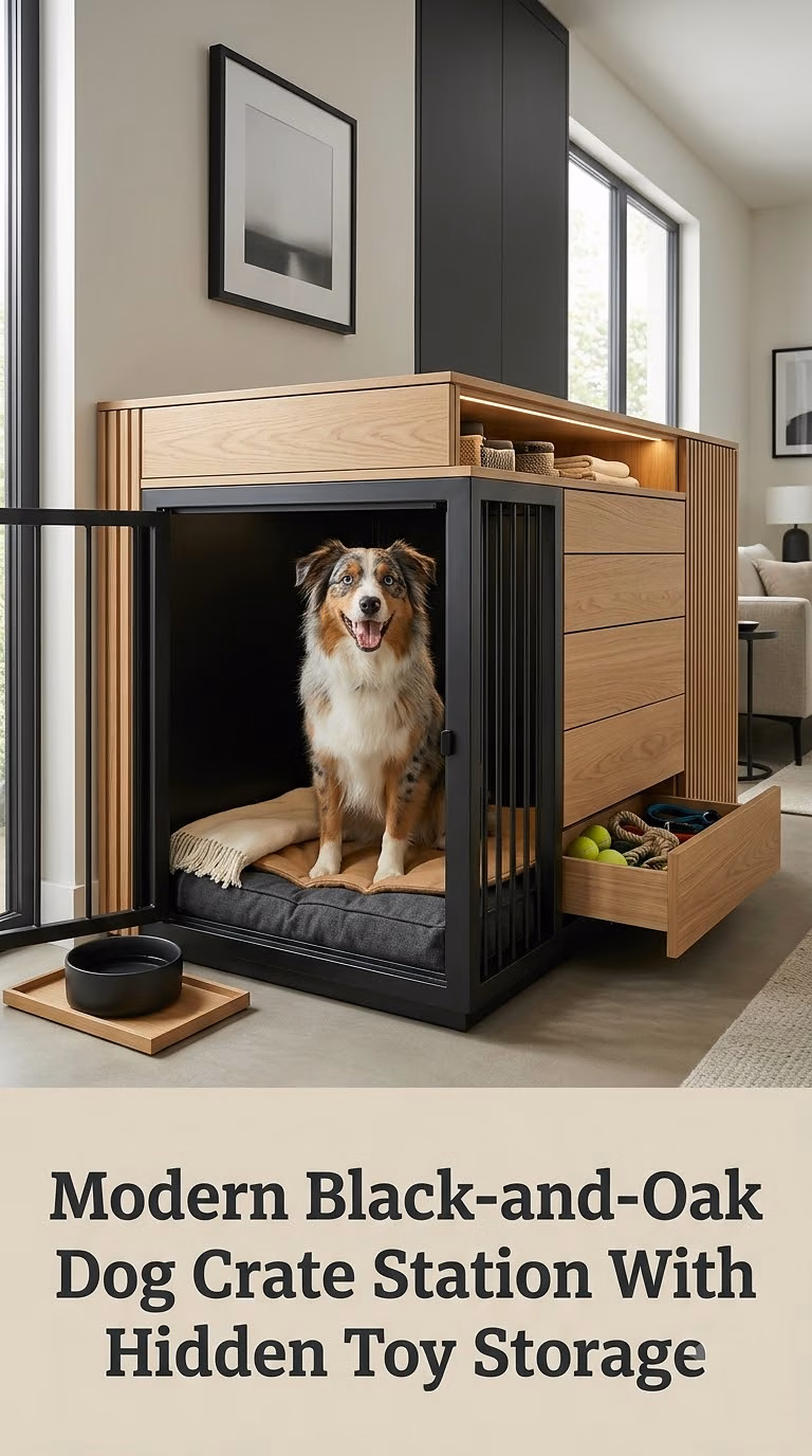 Modern Black-and-Oak Dog Crate Station With Hidden Toy Storage