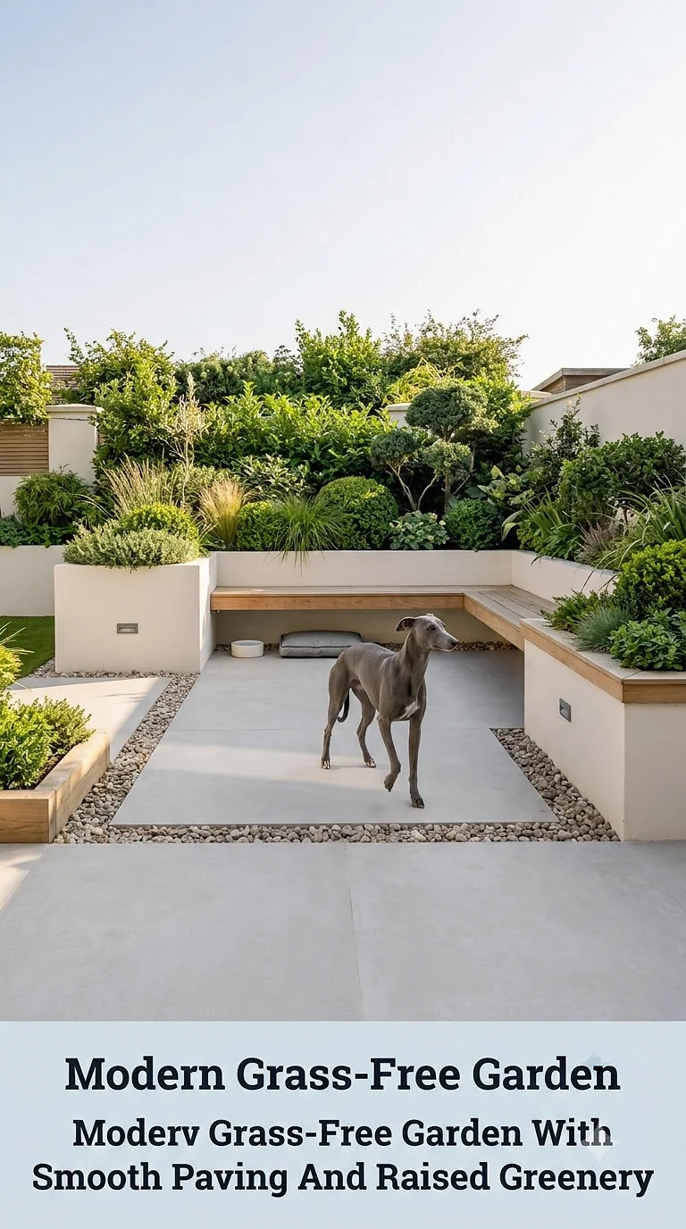 Modern Grass-Free Garden With Smooth Paving And Raised Greenery