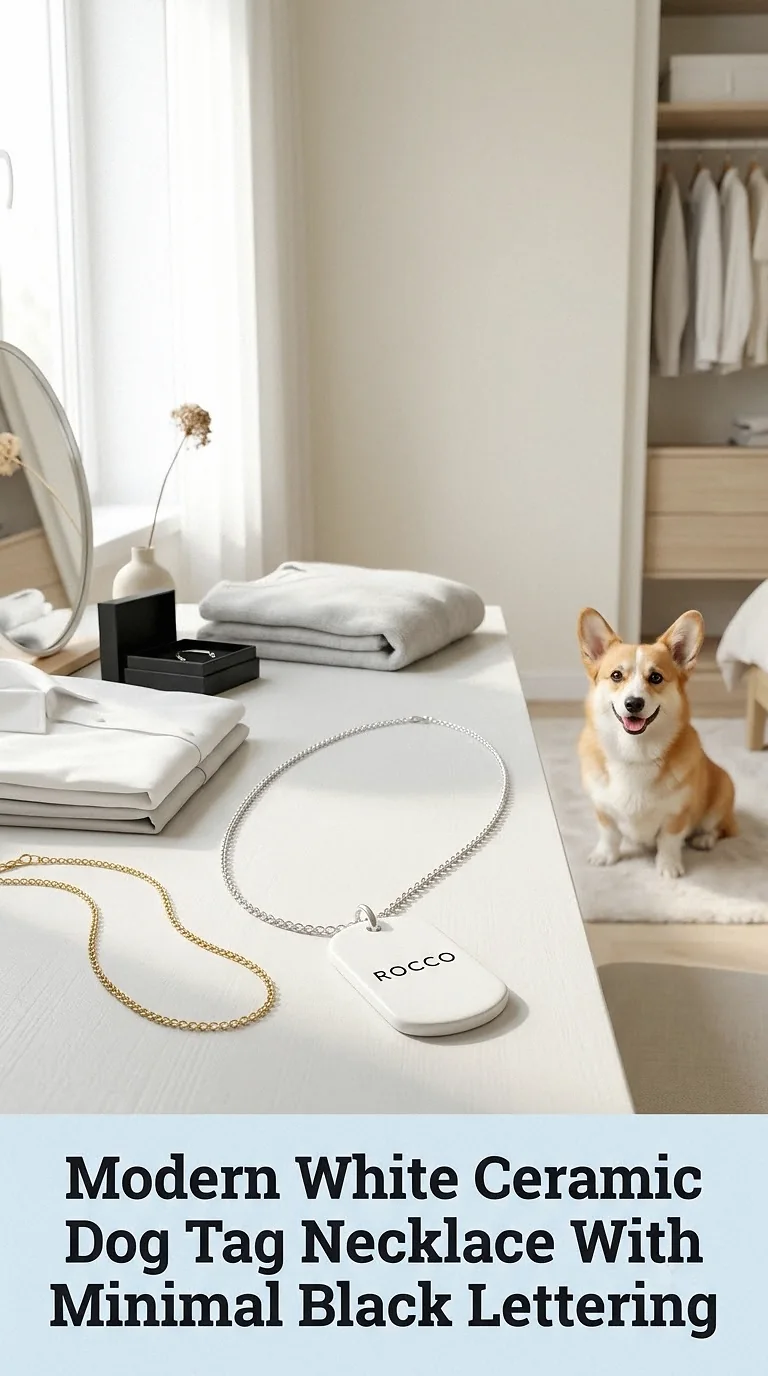 Modern White Ceramic Dog Tag Necklace With Minimal Black Lettering