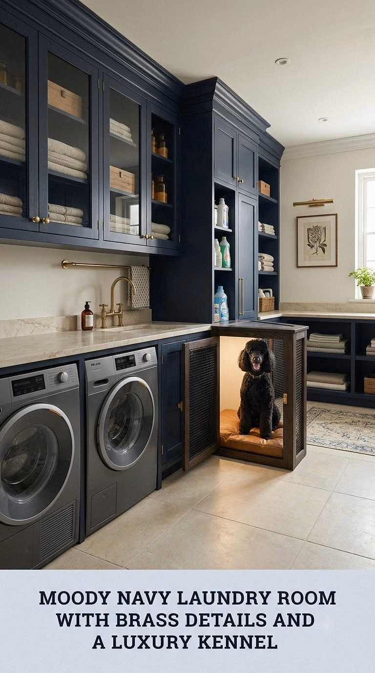Moody Navy Laundry Room With Brass Details and a Luxury Kennel