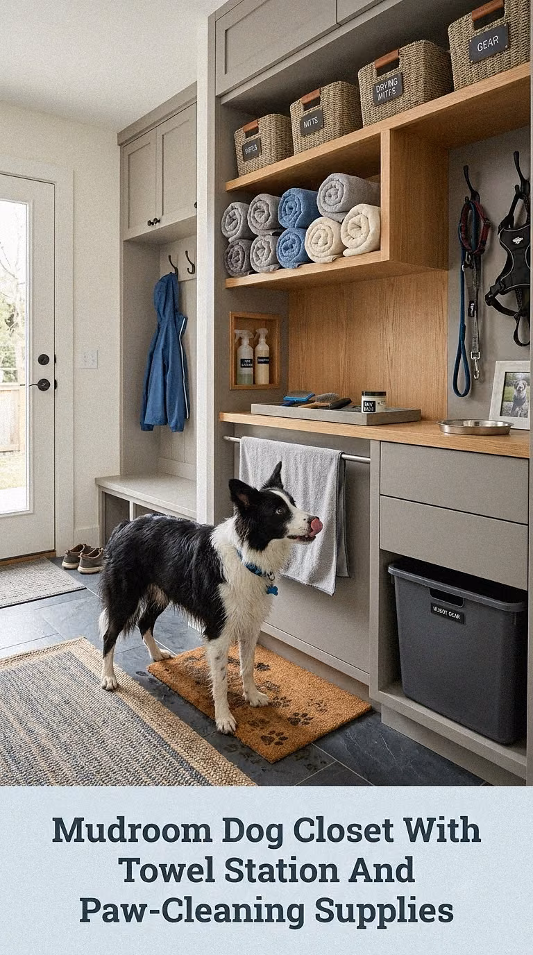 Mudroom Dog Closet With Towel Station And Paw-Cleaning Supplies