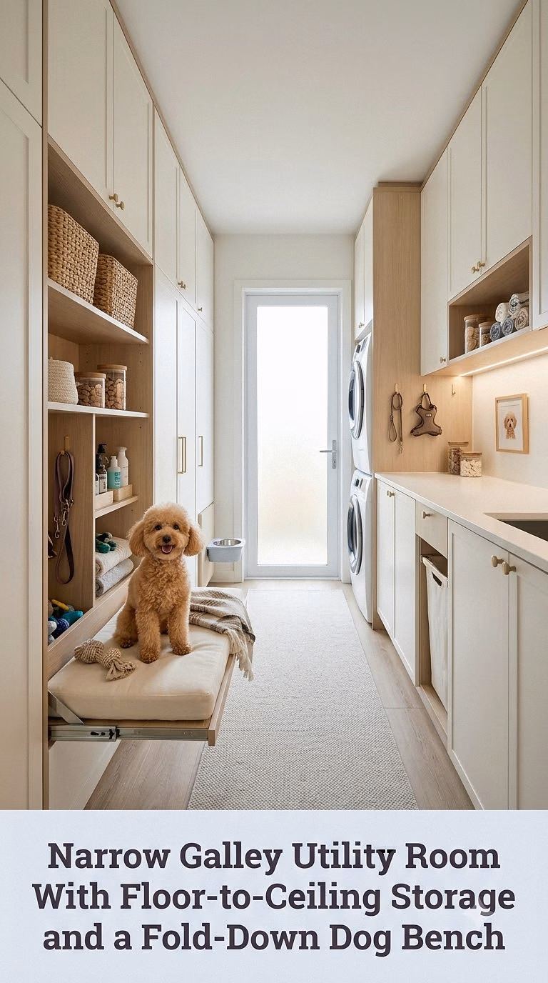 9. Narrow Galley Utility Room With Floor-to-Ceiling Storage and a Fold-Down Dog Bench
