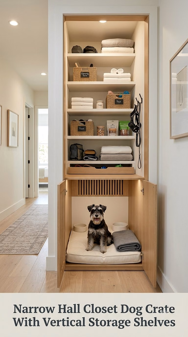 Narrow Hall Closet Dog Crate With Vertical Storage Shelves