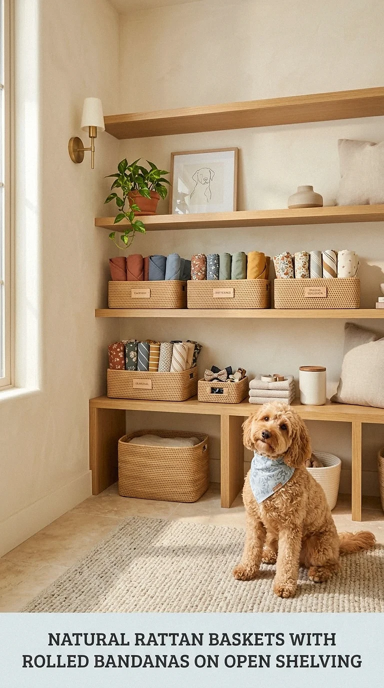Natural Rattan Baskets With Rolled Bandanas On Open Shelving