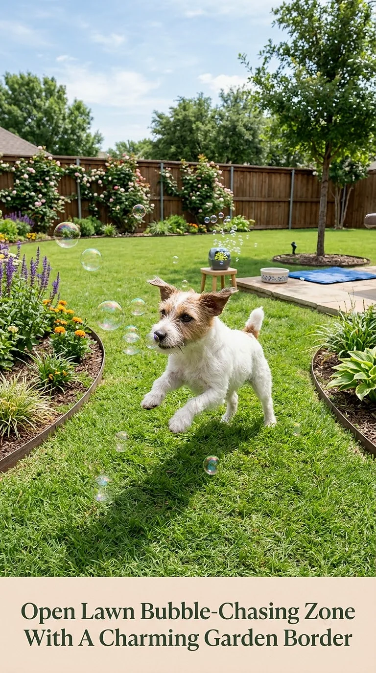 Open Lawn Bubble-Chasing Zone With A Charming Garden Border